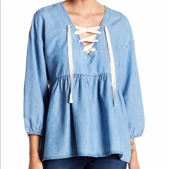 Joie Tops - Joie Bealette Lace Up Chambray 3/4 Sleeve Top M